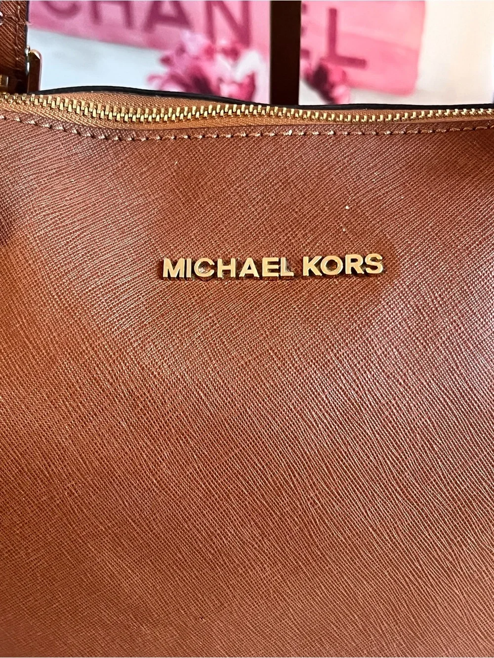 Michael Kors Brown Leather Saffiano Tote with Gold Logo Charm